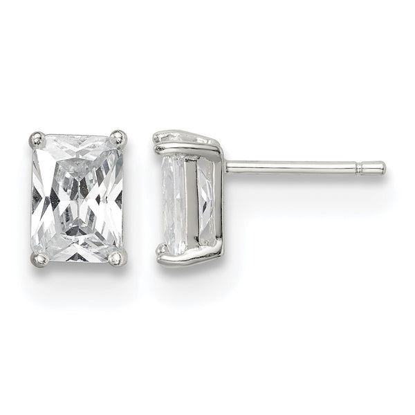 Sterling Silver Polished Emerald-cut 7x5mm Basket Set CZ Stud Earrings - Birthstone Company