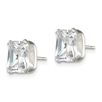 Sterling Silver Polished Emerald-cut 8x6mm Basket Set CZ Stud Earrings - Birthstone Company