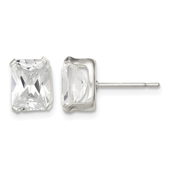 Sterling Silver Polished Emerald-cut 8x6mm Basket Set CZ Stud Earrings - Birthstone Company