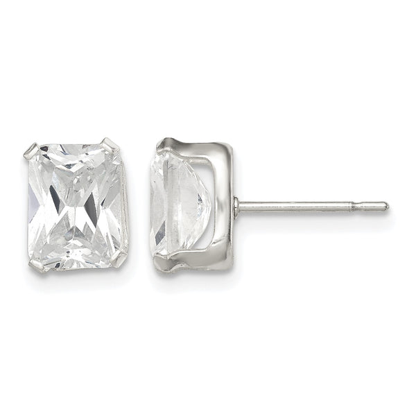 Sterling Silver Polished Emerald-cut 8x6mm Basket Set CZ Stud Earrings - Birthstone Company