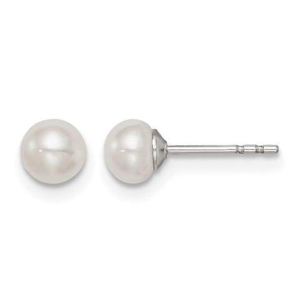 Sterling Silver Rhodium-Plated 4-5mm White Freshwater Cultured Button Pearl Stud Earrings - Birthstone Company