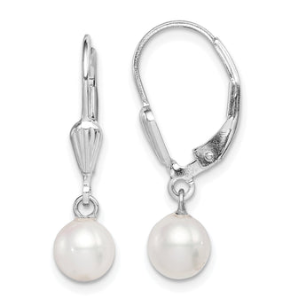 Sterling Silver Rhodium-plated 6-7mm White Round Freshwater Cultured Pearl Leverback Dangle Earrings