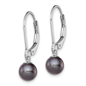 Sterling Silver Rhodium-plated Polished 6-7mm Black Freshwater Cultured Pearl Leverback Dangle Earrings