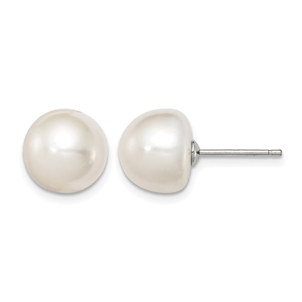 Sterling Silver Rh-plated 10-11mm White FWC Button Pearl Earrings - Birthstone Company