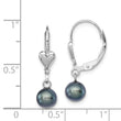 Sterling Silver Rhodium-plated Polished 6-7mm Black Freshwater Cultured Pearl Heart Leverback Dangle Earrings