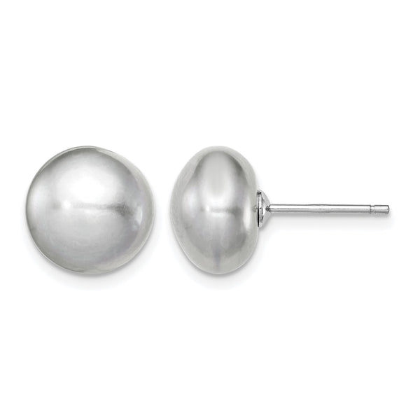Sterling Silver Rh-plated 10-11mm Grey FWC Button Pearl Earrings - Birthstone Company