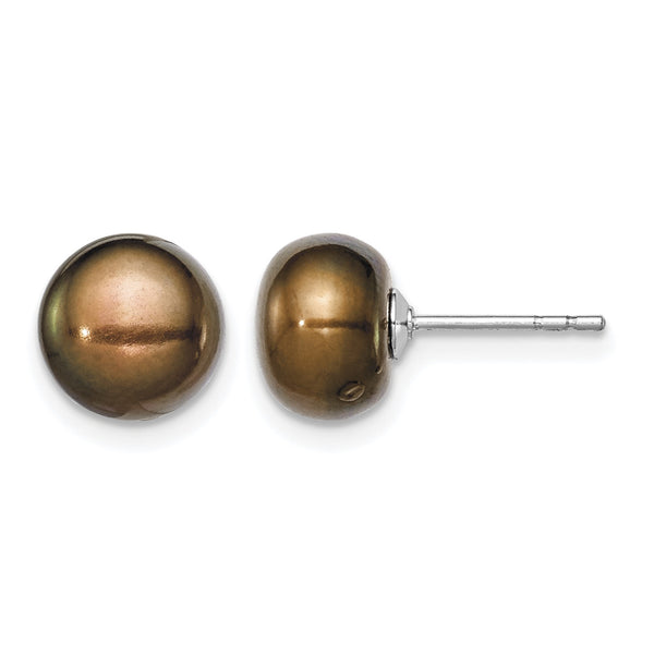 Sterling Silver Rh-plated 8-9mm Brown FW Cultured Button Pearl Stud Earring - Birthstone Company