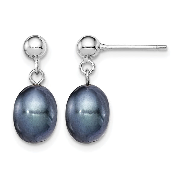 Sterling Silver Rhodium-plated Polished 7-8mm Black Freshwater Cultured Pearl Post Dangle Earrings - Birthstone Company