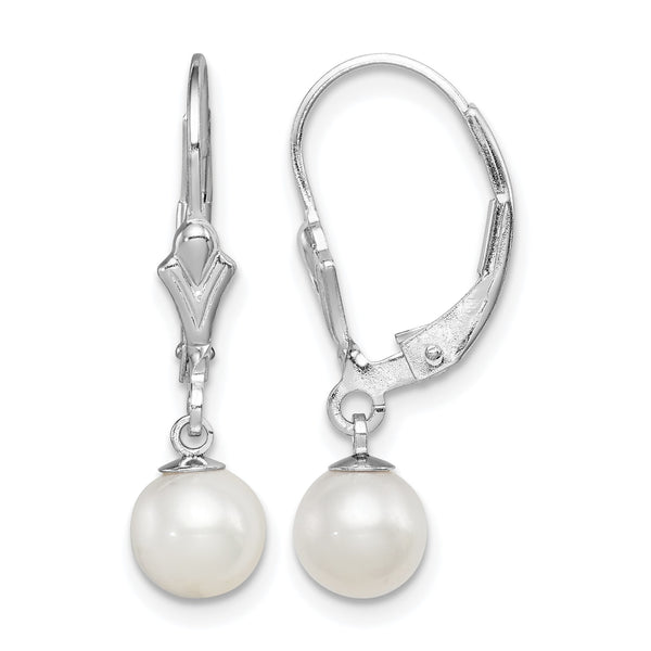 Sterling Silver Rhodium-plated Polished White 6-7mm Freshwater Cultured Pearl Leverback Dangle Earrings - Birthstone Company