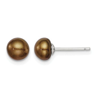 Sterling Silver Rh-plated 6-7mm Brown FW Cultured Button Pearl Stud Earring - Birthstone Company