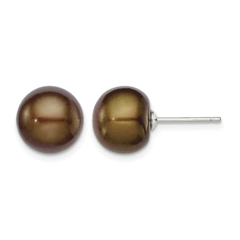 Sterling Silver Rh-plated 10-11mm Brown FWC Button Pearl Earrings - Birthstone Company