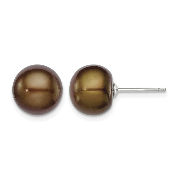 Sterling Silver Rh-plated 10-11mm Brown FWC Button Pearl Earrings - Birthstone Company