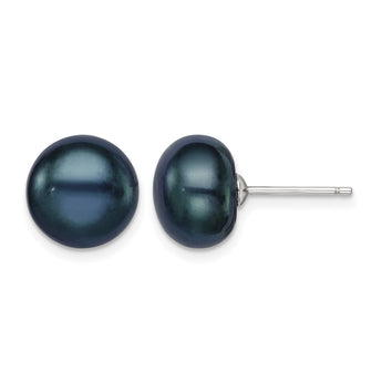 Sterling Silver Rh-plated 10-11mm Black FWC Button Pearl Earrings - Birthstone Company