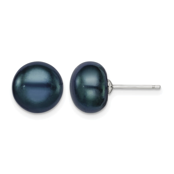 Sterling Silver Rh-plated 10-11mm Black FWC Button Pearl Earrings - Birthstone Company