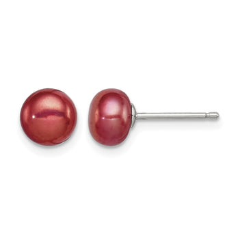 Sterling Silver Rhod-pltd Red 6-7mm Button FWC Pearl Post Earrings - Birthstone Company