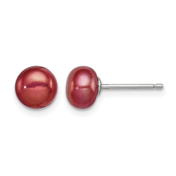Sterling Silver Rhod-pltd Red 6-7mm Button FWC Pearl Post Earrings - Birthstone Company