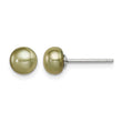 Sterling Silver Rhod-pltd Green 6-7mm Button FWC Pearl Post Earrings - Birthstone Company