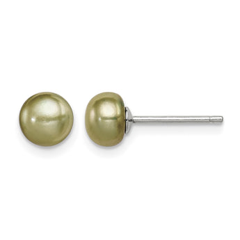 Sterling Silver Rhod-pltd Green 6-7mm Button FWC Pearl Post Earrings - Birthstone Company
