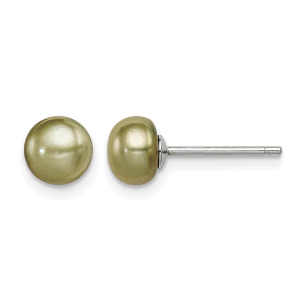 Sterling Silver Rhod-pltd Green 6-7mm Button FWC Pearl Post Earrings - Birthstone Company