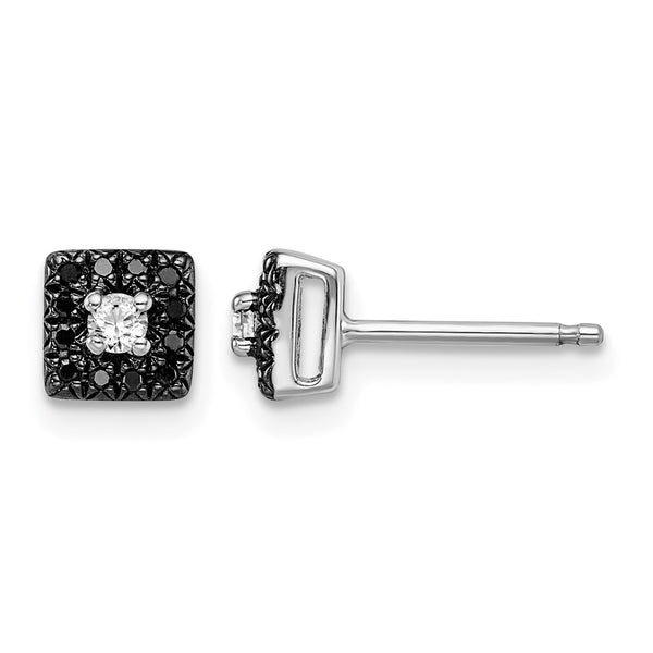 White Night Sterling Silver Rhodium-plated Black and White Diamond Square Stud Post Earrings - Birthstone Company