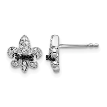 White Night Sterling Silver Rhodium-plated Black and White Diamond Fleur de Lis Post Earrings - Birthstone Company
