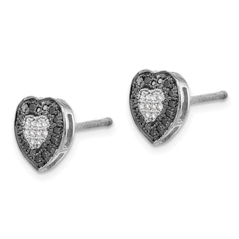 White Night Sterling Silver Rhodium-plated Black and White Diamond Heart Post Earrings - Birthstone Company