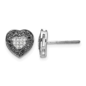 White Night Sterling Silver Rhodium-plated Black and White Diamond Heart Post Earrings - Birthstone Company