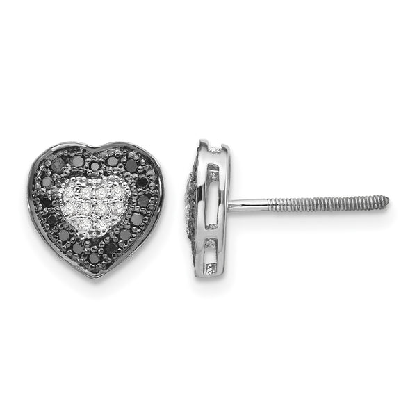 White Night Sterling Silver Rhodium-plated Black and White Diamond Heart Post Earrings - Birthstone Company