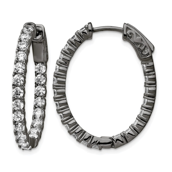 Sterling Shimmer Black Rhodium-plated 42 Stone 2.5mm CZ In and Out Oval Hinged Hoop Earrings - Birthstone Company