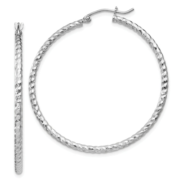 Sterling Silver Rhodium Plated Diamond-cut 2x40mm Hoop Earrings