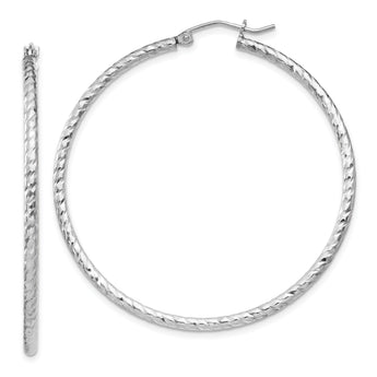 Sterling Silver Rhodium Plated Diamond-cut 2x50mm Hoop Earrings