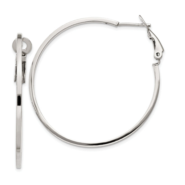 Sterling Silver RH-plated 1.5x40mm Omega Back Round Hoop Earrings