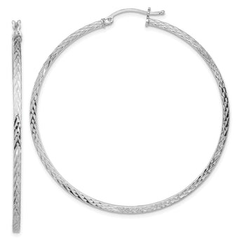 Sterling Silver Rhodium-plated Diamond-cut 2x55mm Square Tube Hoop Earrings