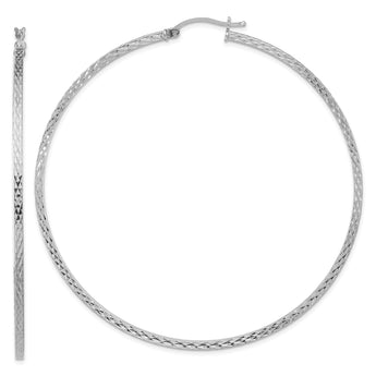Sterling Silver Rhodium-plated Diamond-cut 2x70mm Square Tube Hoop Earrings