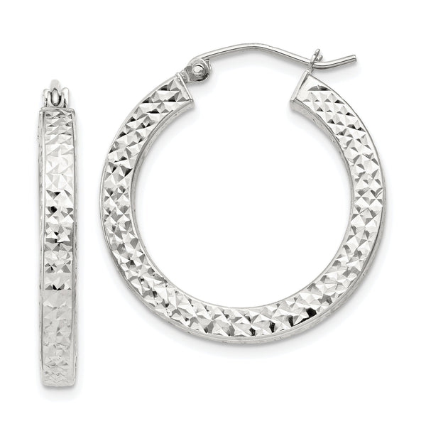 Sterling Silver D/C 3x25mm Square Tube Hoop Earrings