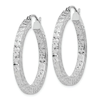 Sterling Silver Rhodium-plated Diamond-cut 3x30mm Square Tube Hoop Earrings
