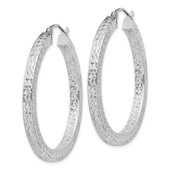 Sterling Silver Rhodium-plated Diamond-cut 3x35mm Square Tube Hoop Earrings