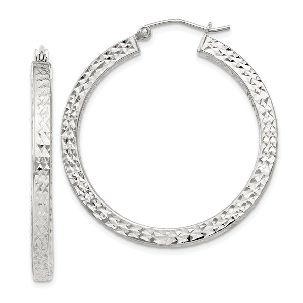 Sterling Silver D/C 3x35mm Square Tube Hoop Earrings