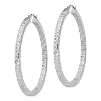 Sterling Silver Rhodium-plated Diamond-cut 3x50mm Square Tube Hoop Earrings