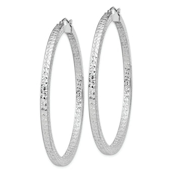 Sterling Silver Rhodium-plated Diamond-cut 3x55mm Square Tube Hoop Earrings