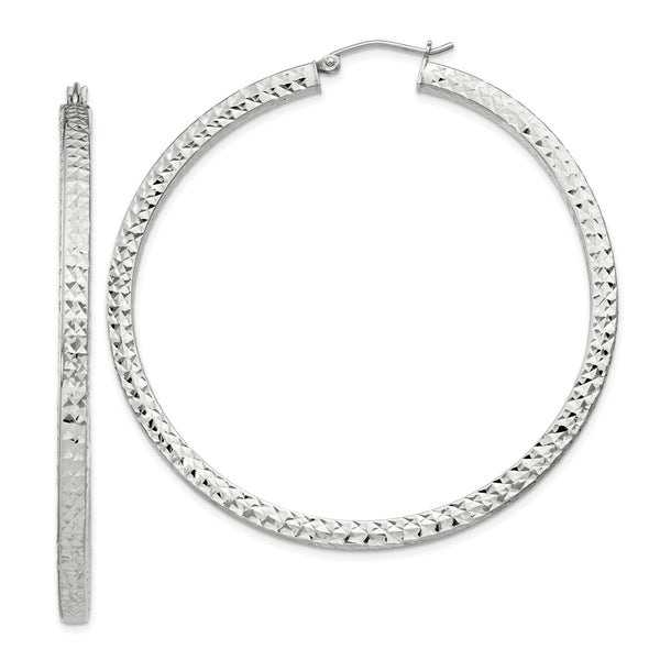 Sterling Silver D/C 3x55mm Square Tube Hoop Earrings