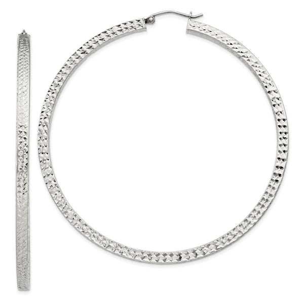Sterling Silver D/C 3x65mm Square Tube Hoop Earrings