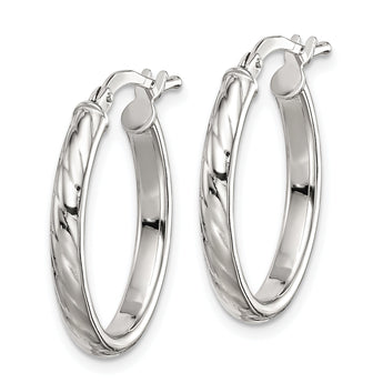 Sterling Silver Rhod-plated Textured 3mm Hollow Oval Hoop Earrings