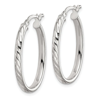 Sterling Silver Rhod-plated Textured 3mm Hollow Oval Hoop Earrings