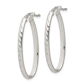 Sterling Silver Rhod-plated Textured 3mm Hollow Oval Hoop Earrings