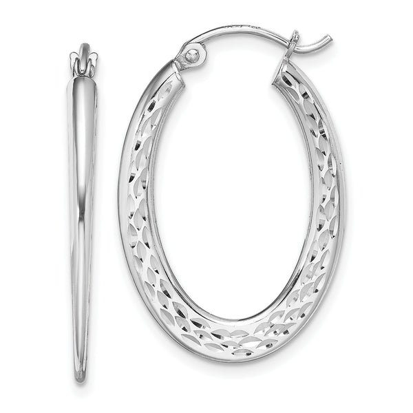 Sterling Silver Rhodium-plated Diamond-cut Oval Hoop Earrings