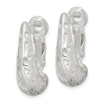 Sterling Silver Polished & Filigree Omega Back J-Hoop Earrings