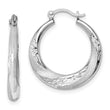 Sterling Silver RH-plated Brushed & D/C Scalloped Round Hoop Earrings