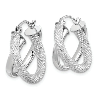 Sterling Silver Rhodium Plated Polished Diamond-cut Hoop Earrings