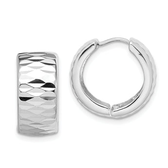 Sterling Silver Rhodium Polished Diamond Cut Hinged Hoop Earrings